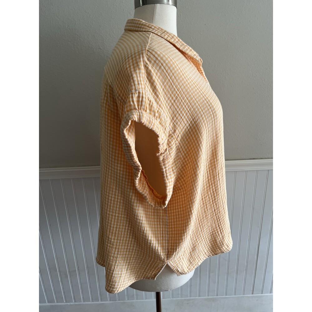 Women's Short Sleeve Button Up Orange Gingham Check Cotton Gauze Boxy Slouchy 2X - Picture 2 of 8